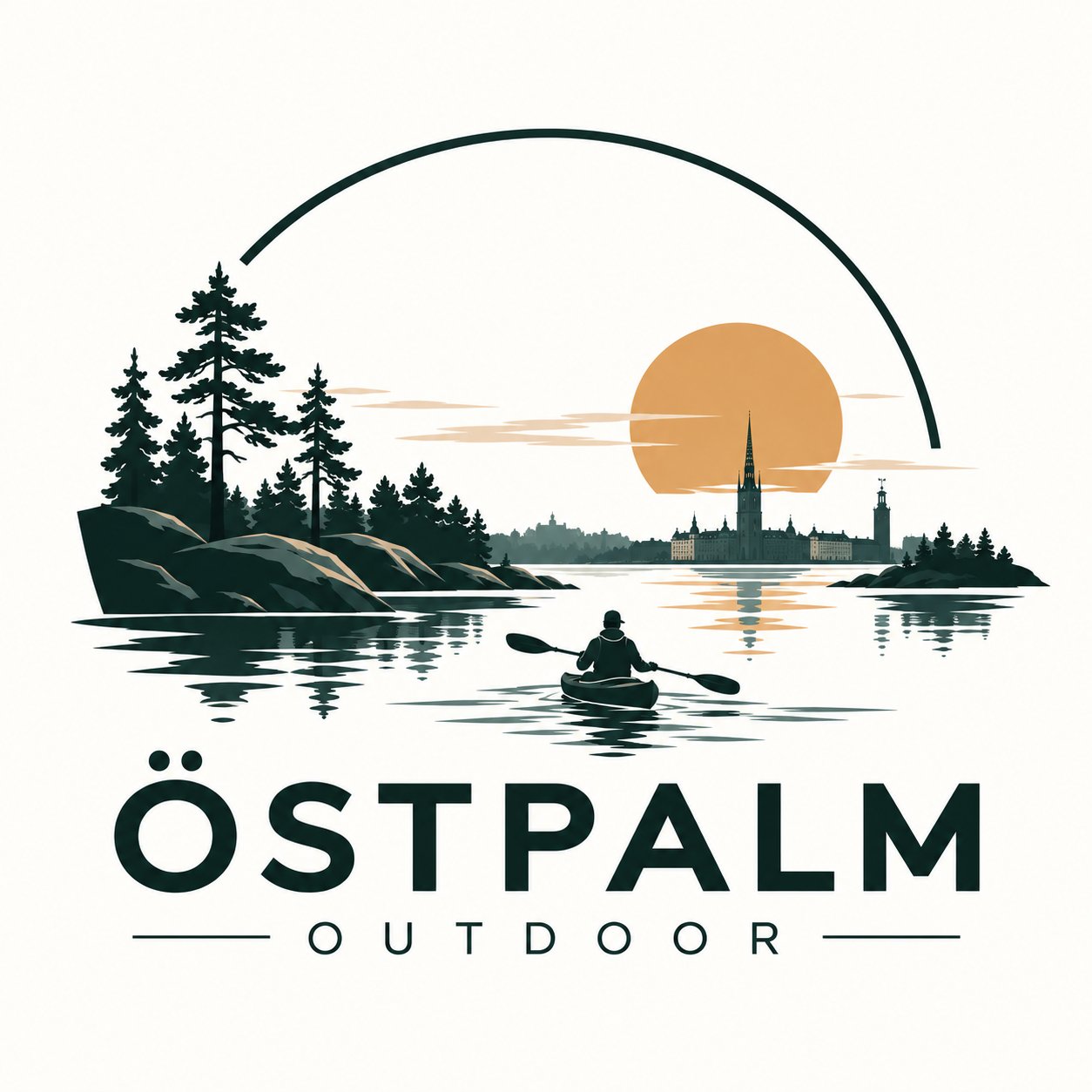 Östpalm Outdoor — logotyp med skog, sol och en kajakpaddlare